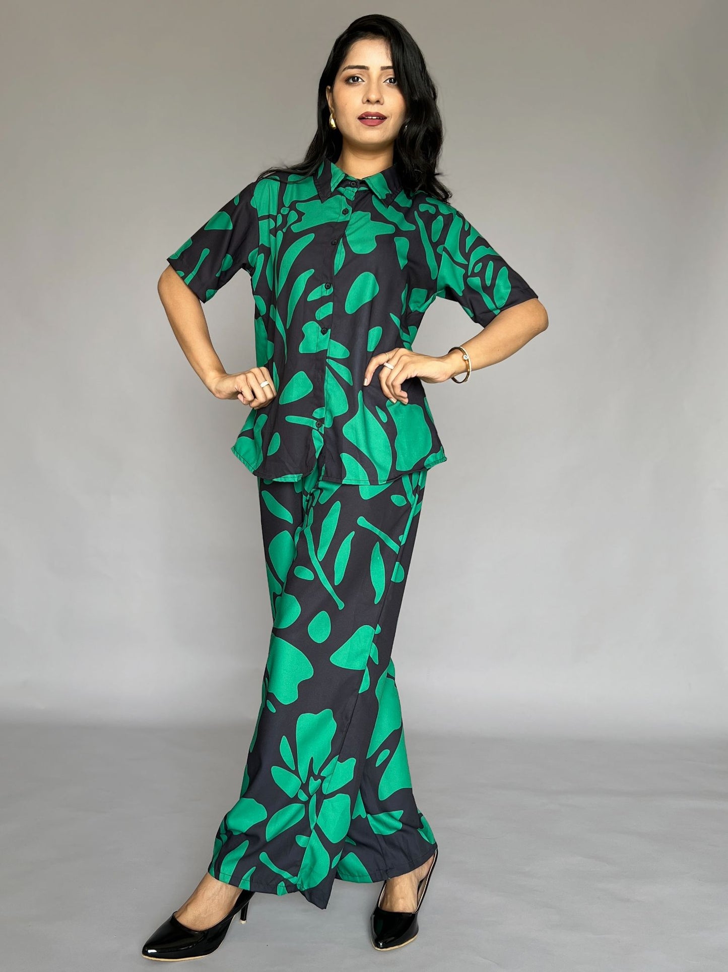 Green Abstract Print 2 Piece Pants Co-Ord Set