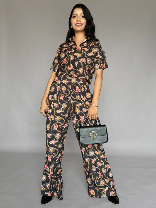 Black Chain Print 2 Piece Pants Co-Ord Set