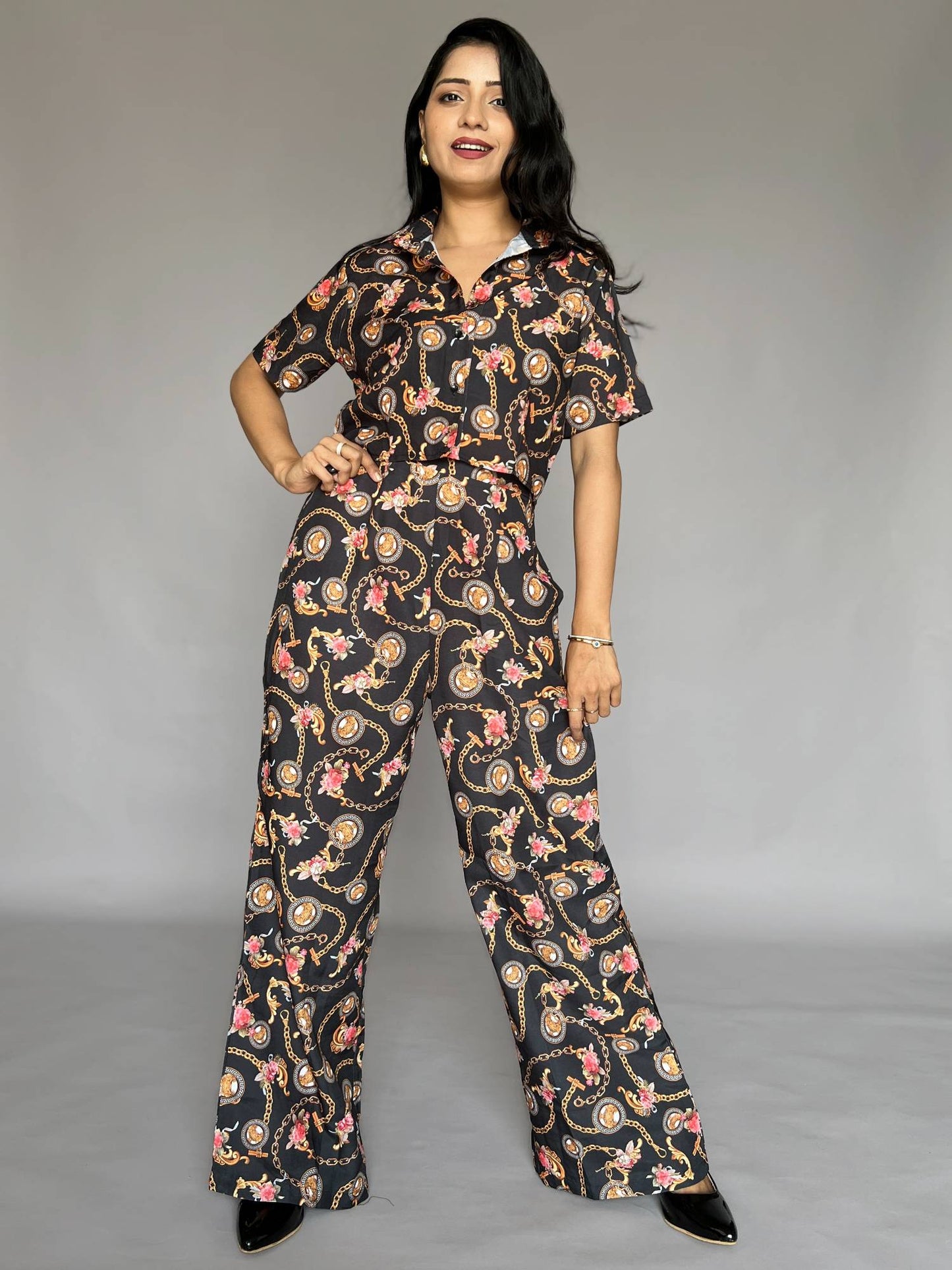 Black Chain Print 2 Piece Pants Co-Ord Set