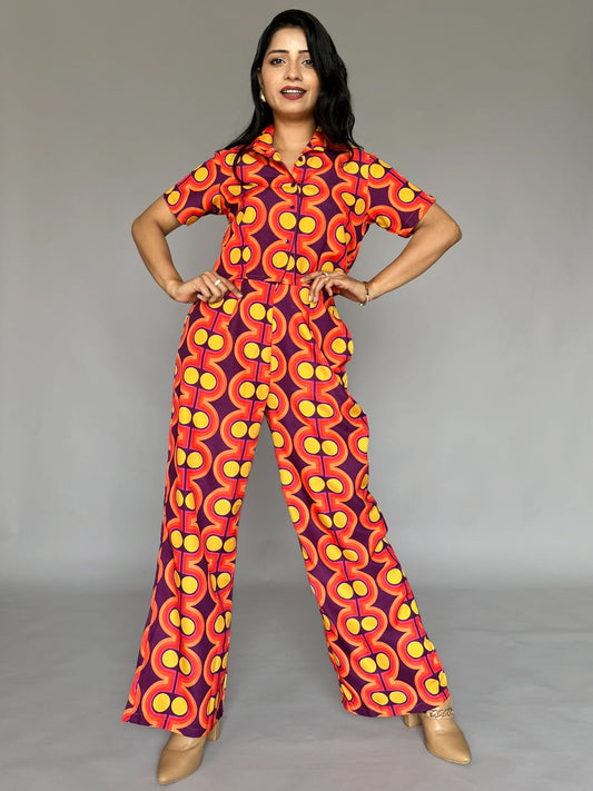 Retro Geometric Print 2 Piece Pants Co-Ord Set