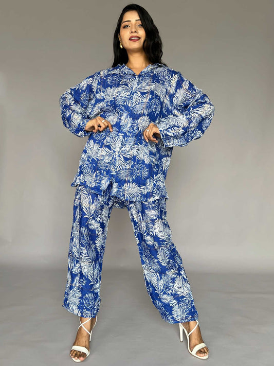 Blue Tropical Print 2 Piece Co-ord Set for Women