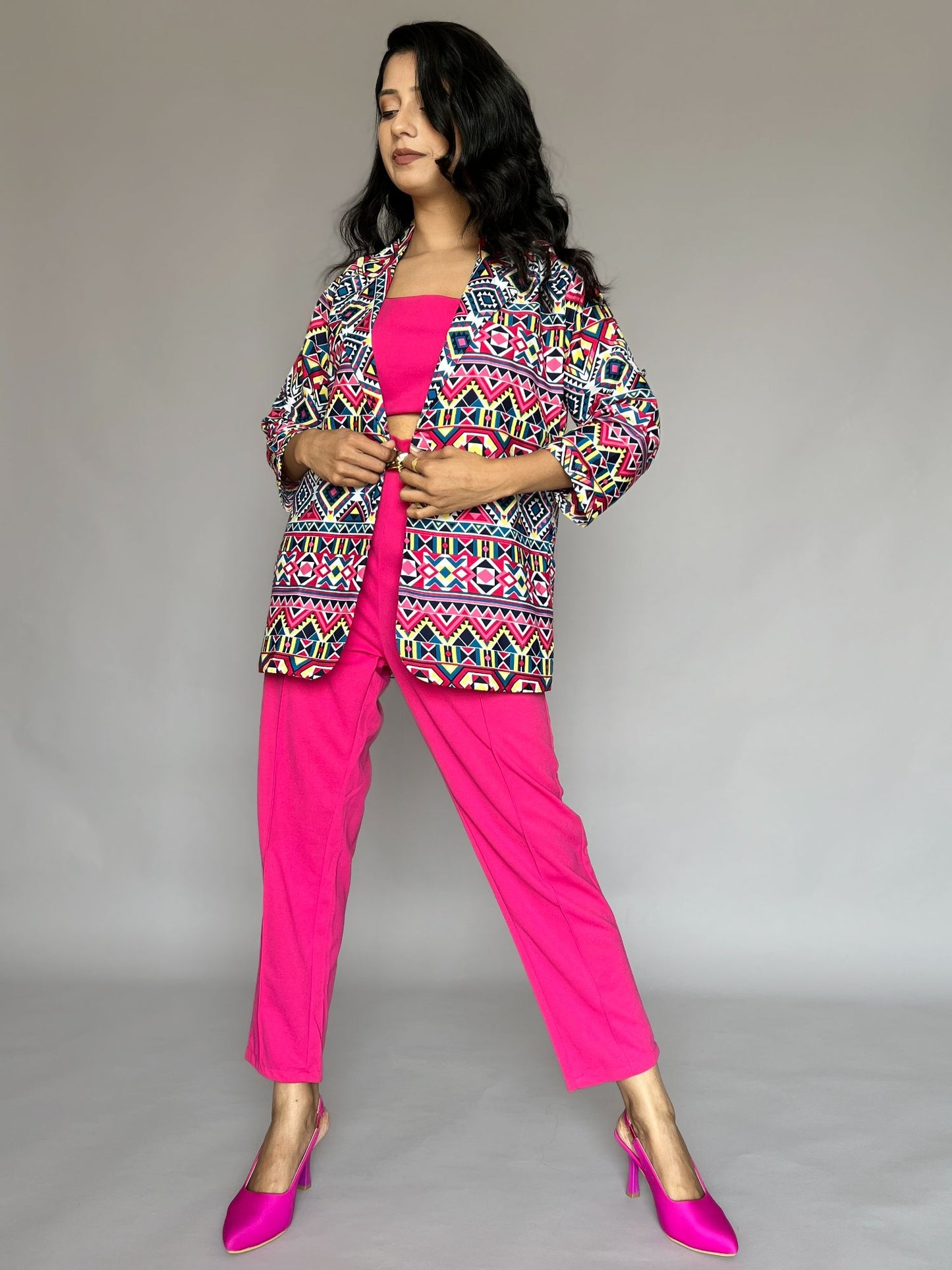 Tribal Print Blazer Pants Co-Ord Set- 3 Piece