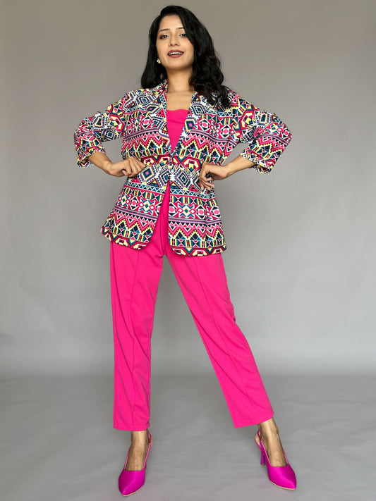 Tribal Print Blazer Pants Co-Ord Set- 3 Piece