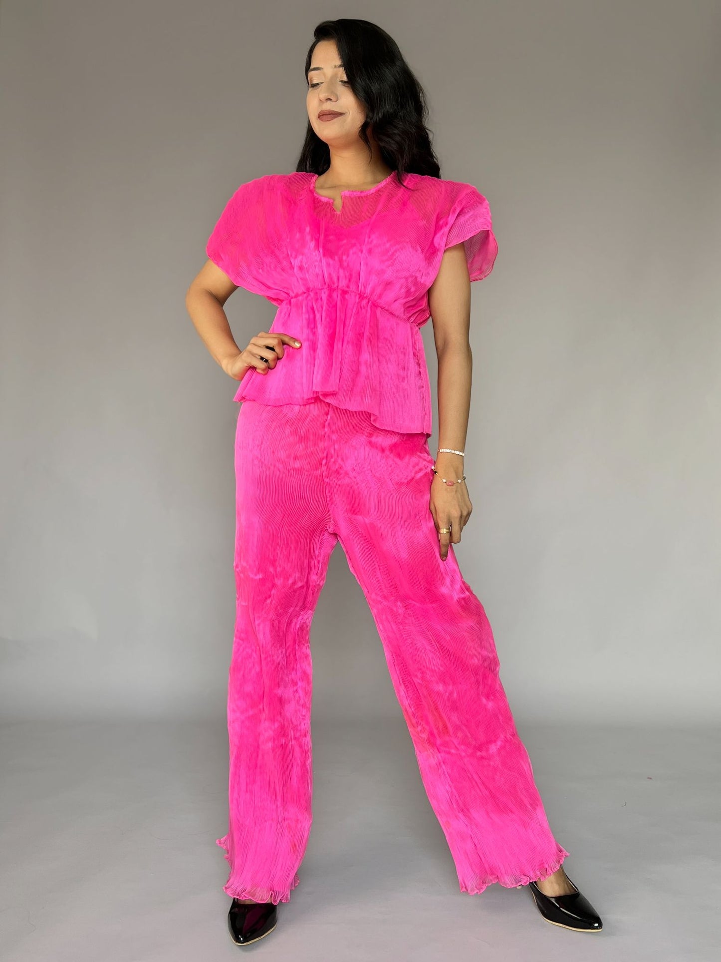 Pink Crinkled Pleated 2 Piece Co-ord Set