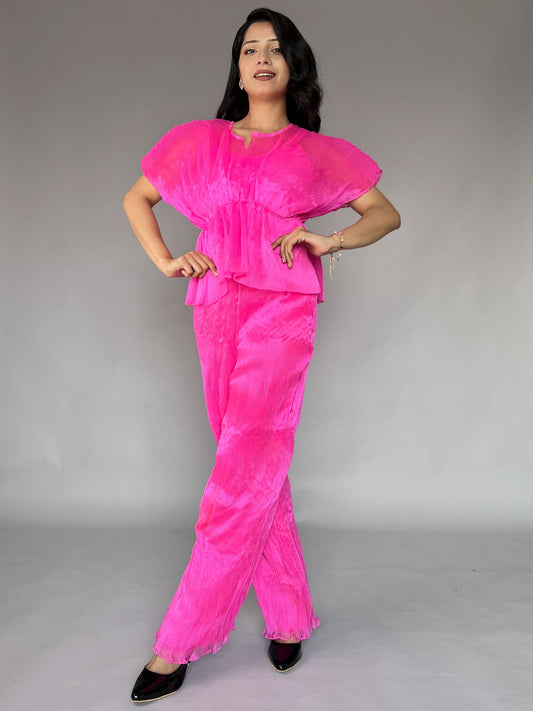 Pink Crinkled Pleated 2 Piece Co-ord Set