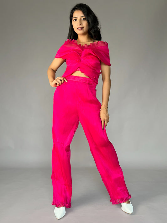 Pink Crinkled Pleated 2 Piece Co-ord Set