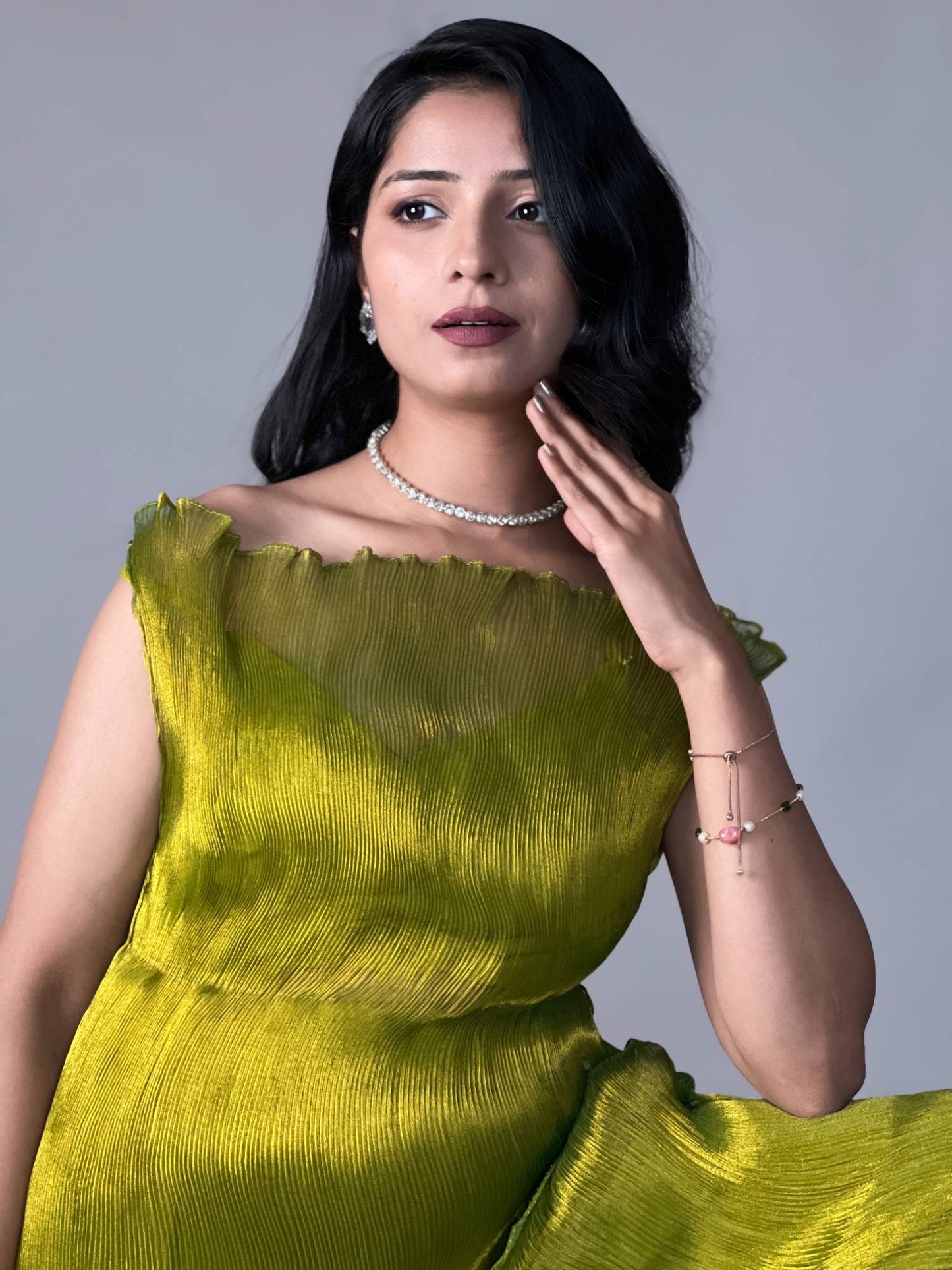 Olive Green Crinkled Pleated 2 Piece Co-ord Set