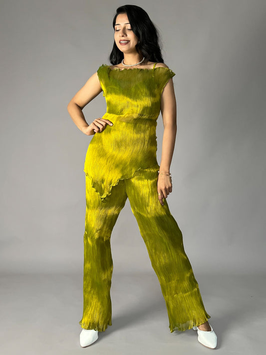 Olive Green Crinkled Pleated 2 Piece Co-ord Set