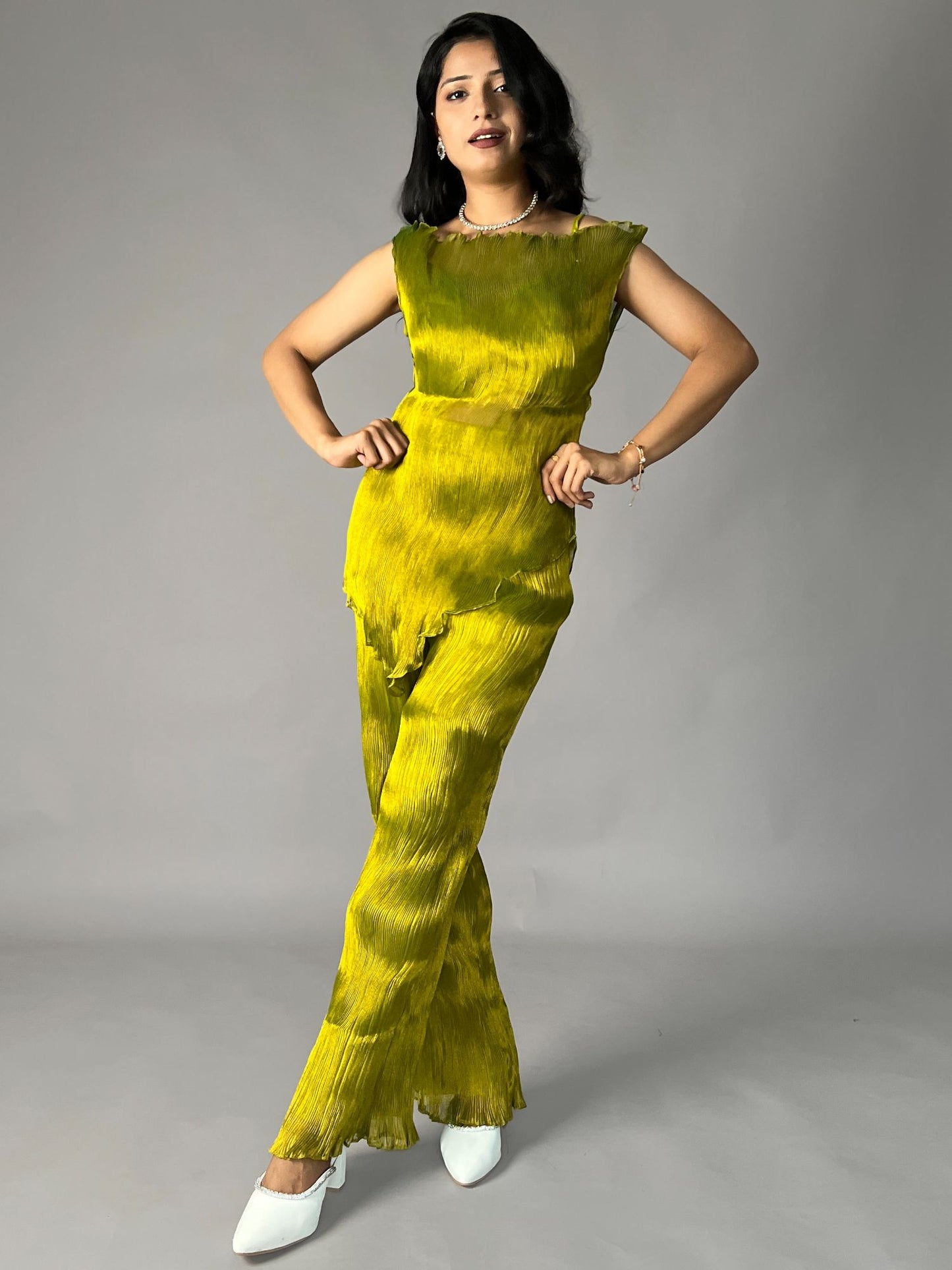 Olive Green Crinkled Pleated 2 Piece Co-ord Set