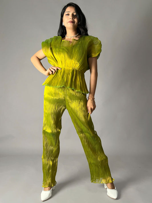 Olive Green Crinkled Pleated 2 Piece Co-ord Set