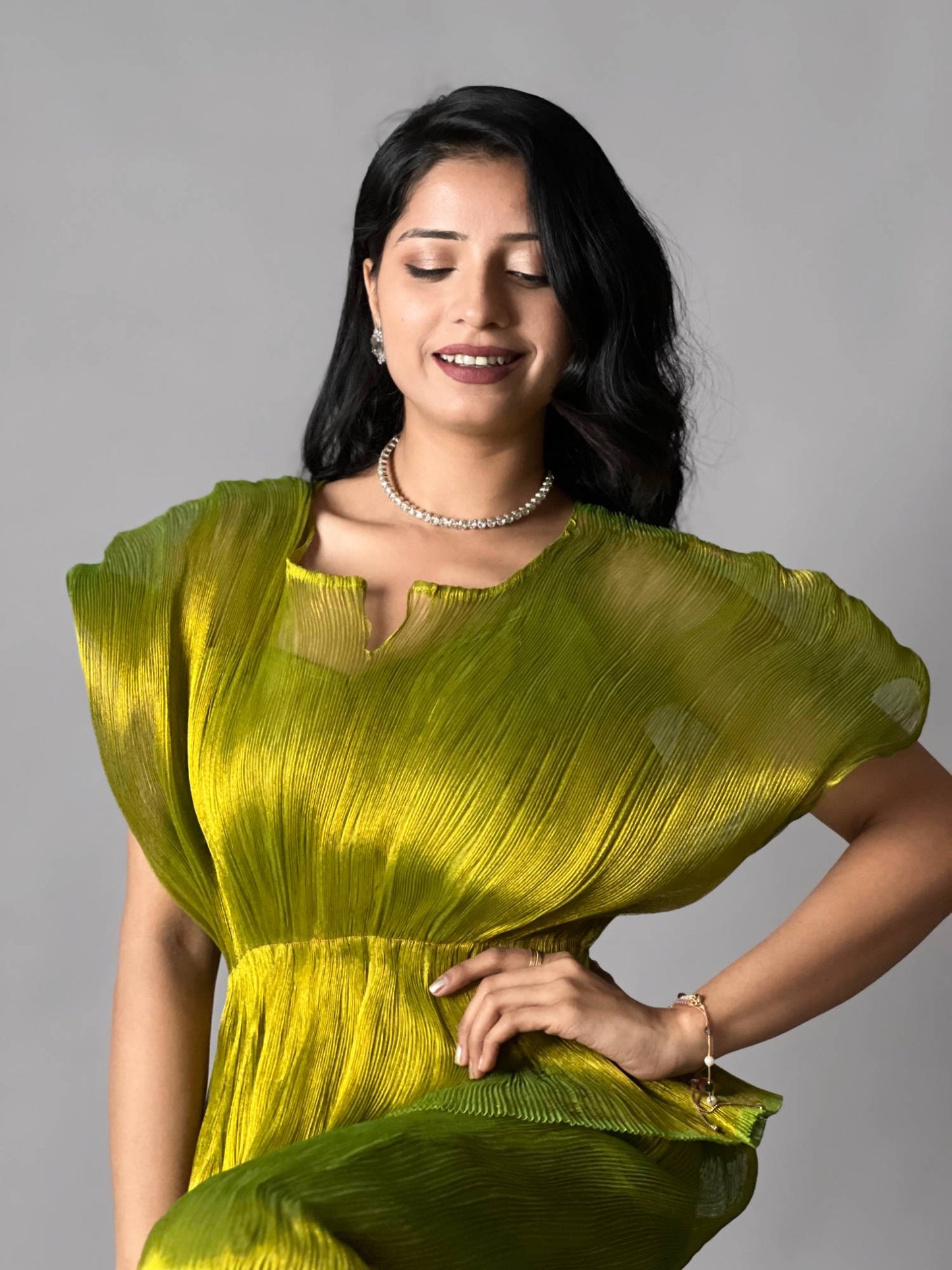Olive Green Crinkled Pleated 2 Piece Co-ord Set