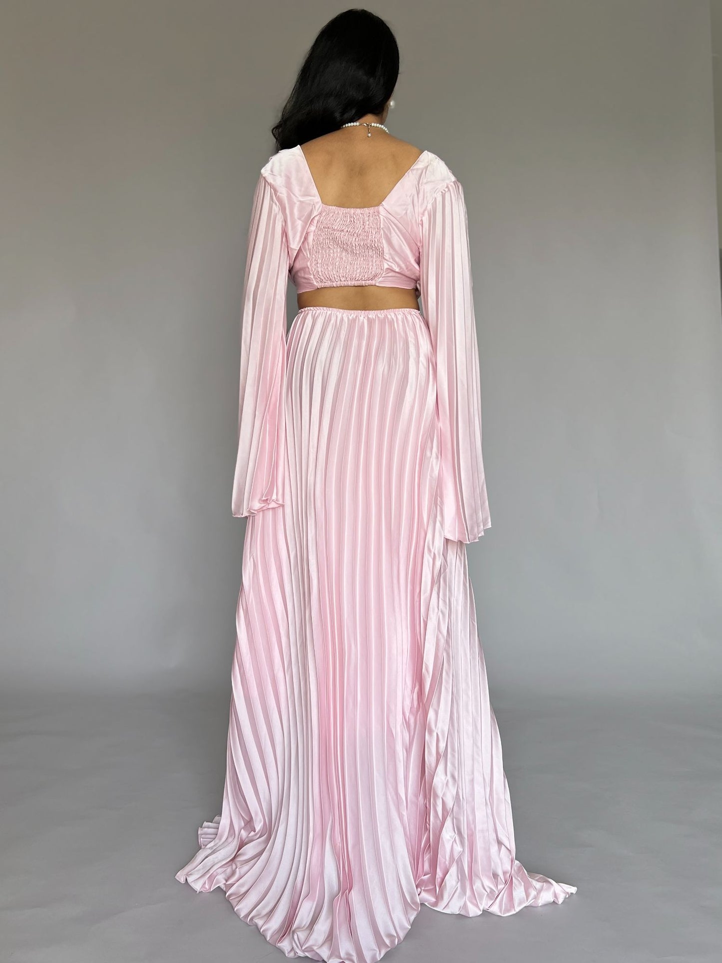 Blush Pink Satin Pleated Maxi Dress