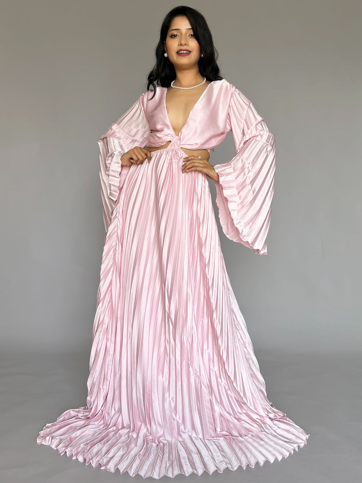 Blush Pink Satin Pleated Maxi Dress