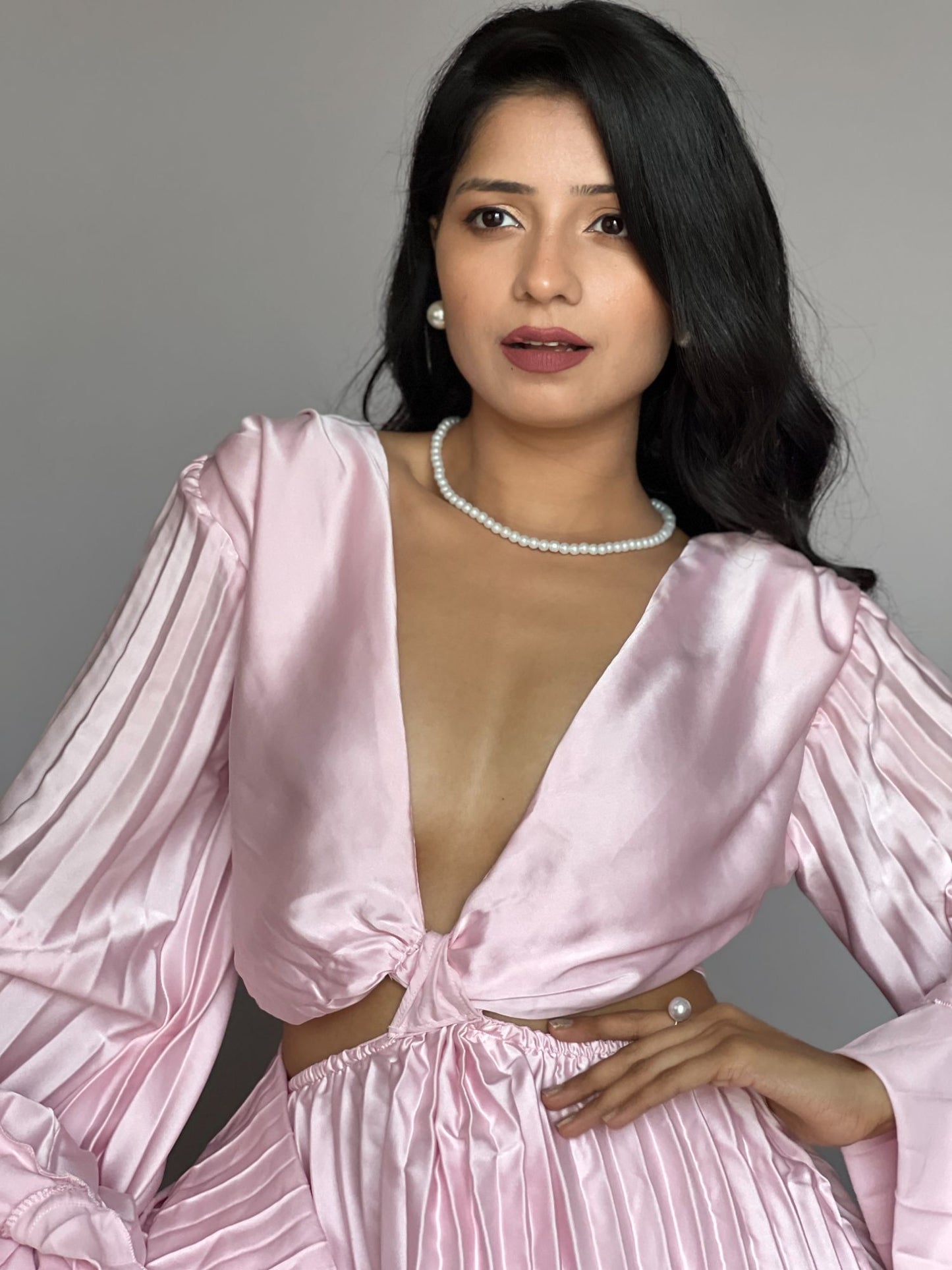 Blush Pink Satin Pleated Maxi Dress