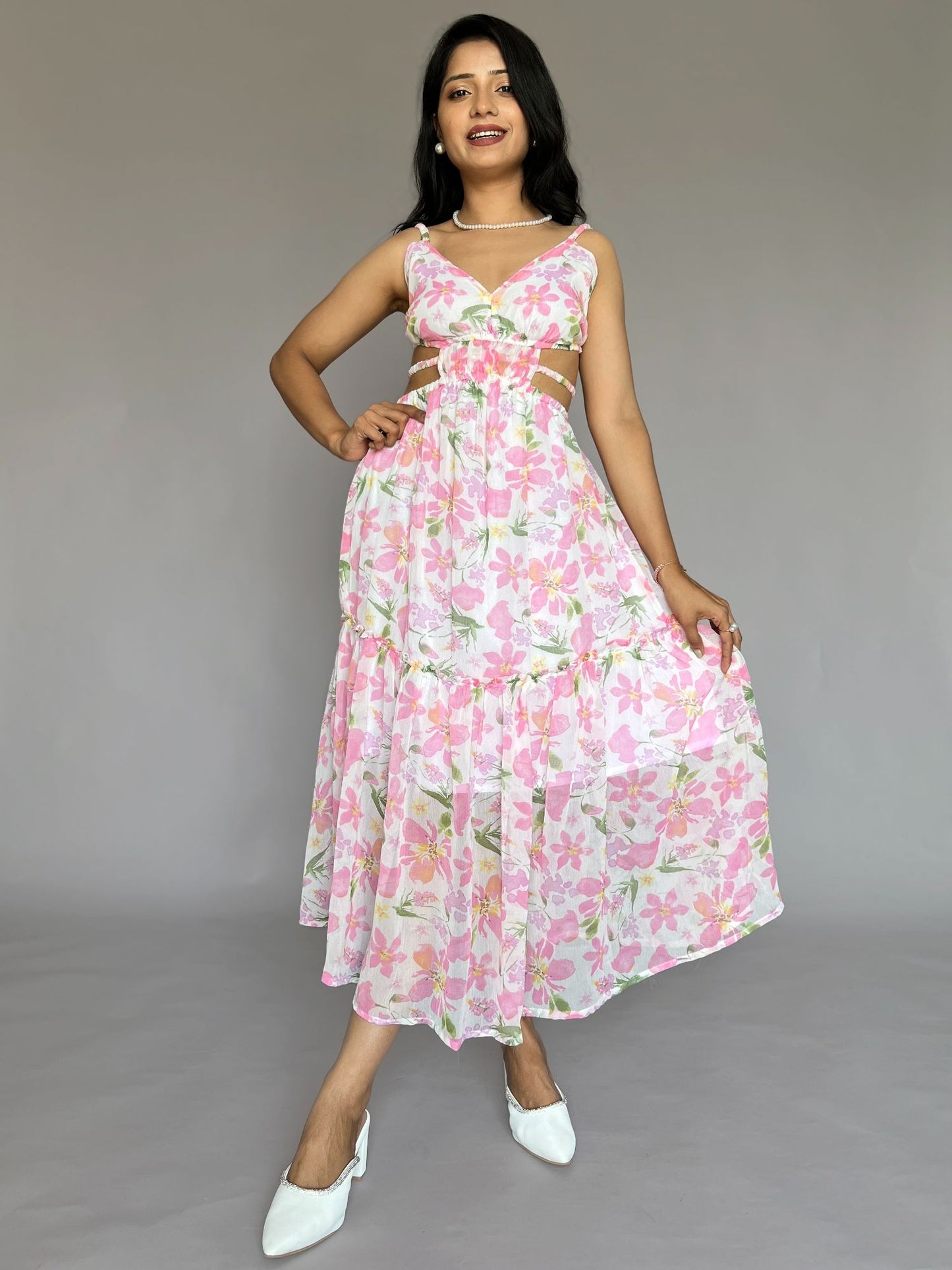 Pink Floral Cutout Tiered Midi Dress