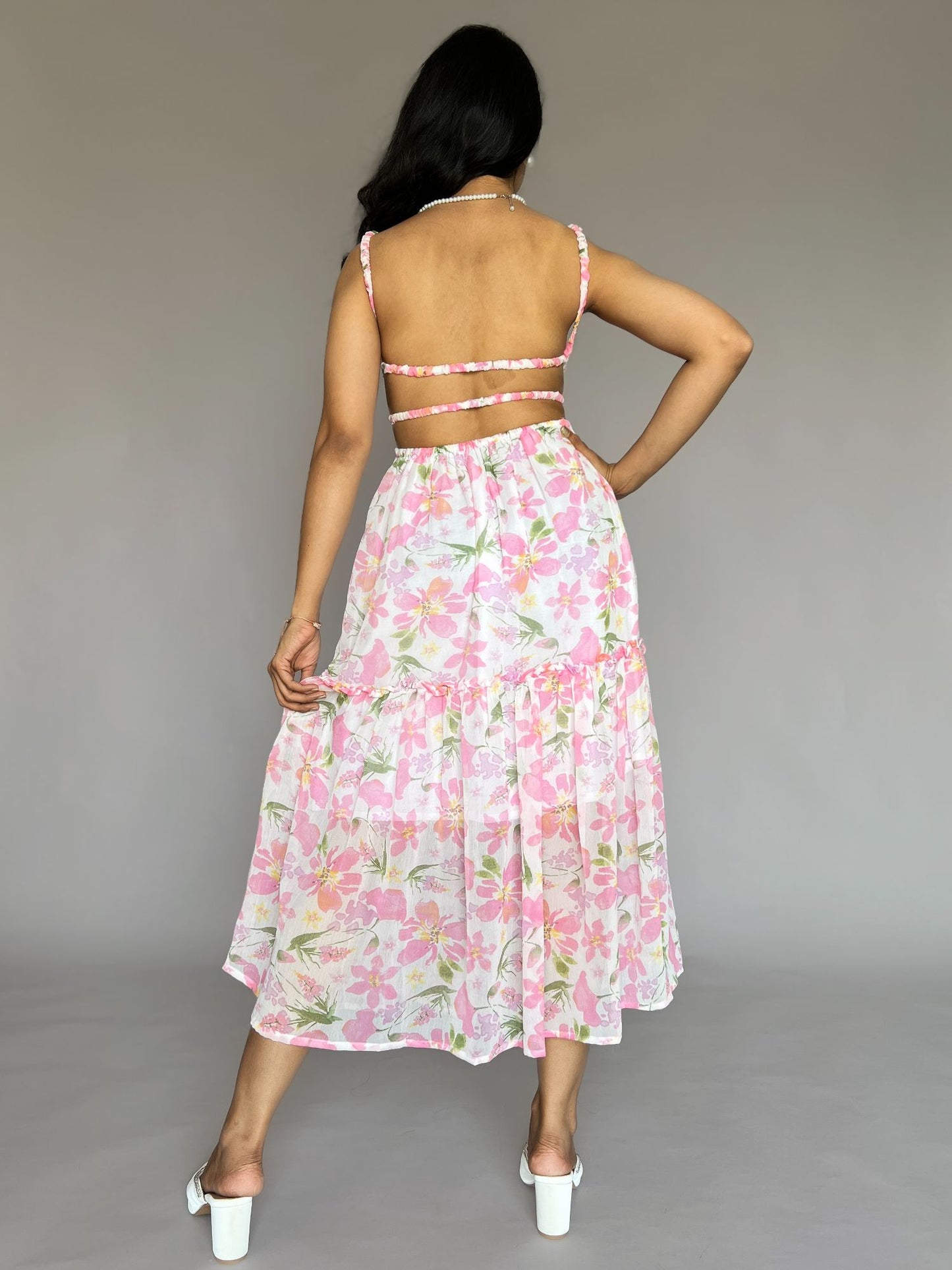 Pink Floral Cutout Tiered Midi Dress