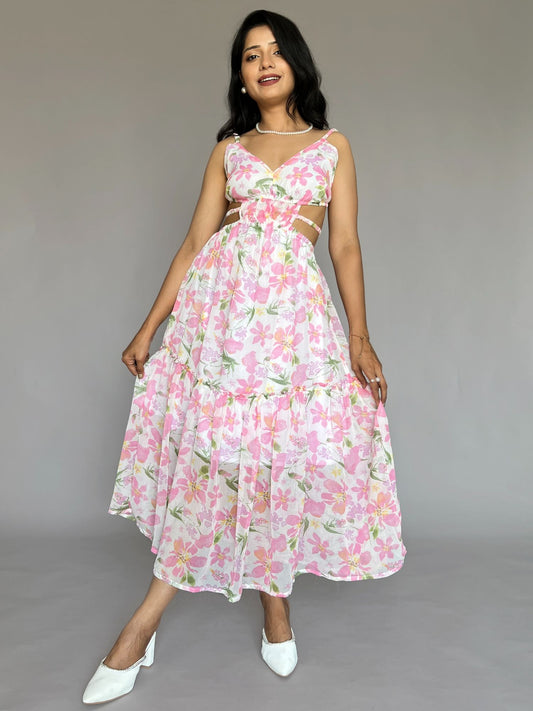 Pink Floral Cutout Tiered Midi Dress