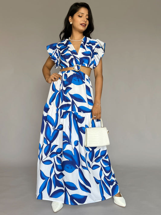 Blue Leaf Print Cutout Maxi Dress
