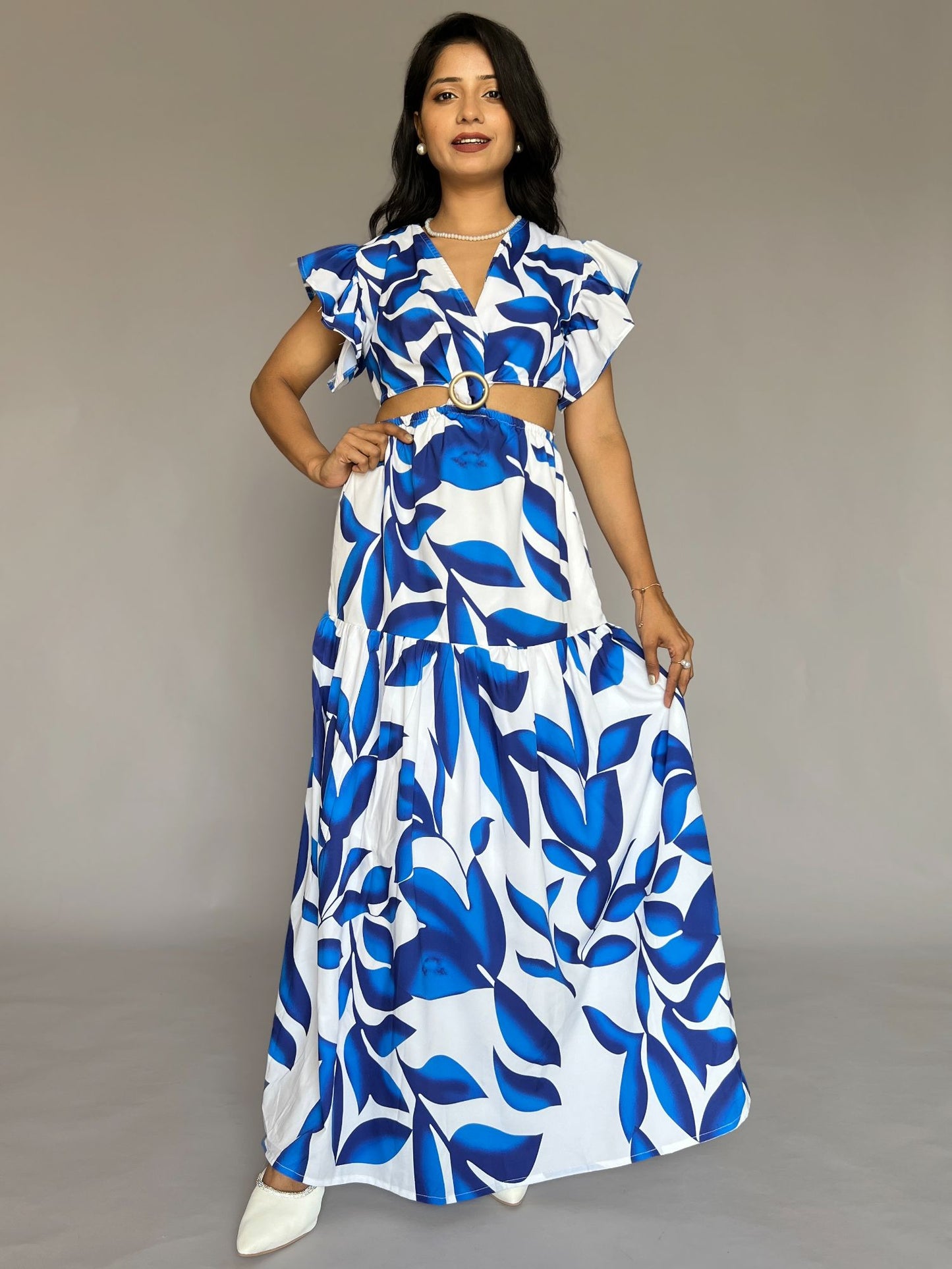 Blue Leaf Print Cutout Maxi Dress