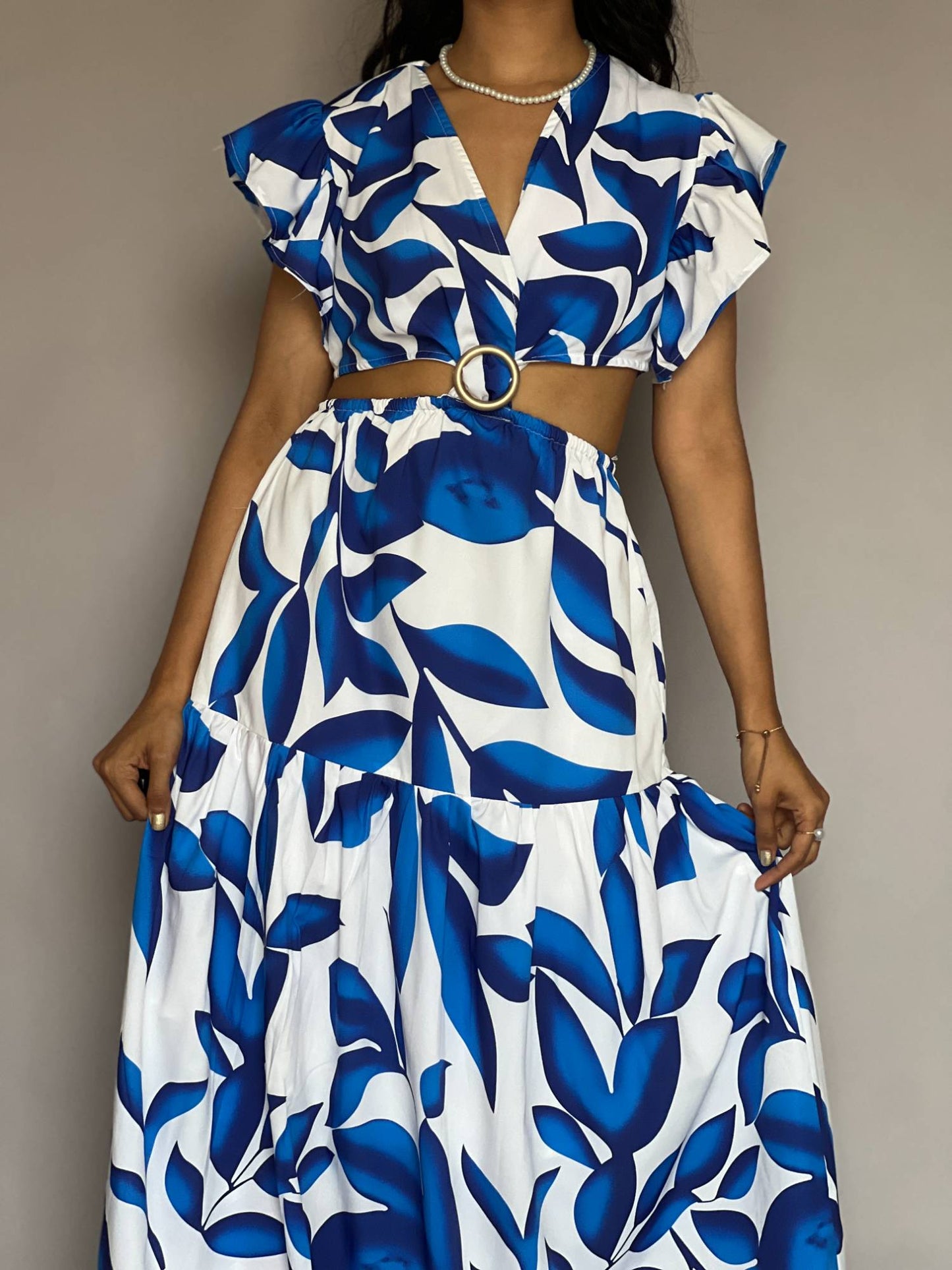 Blue Leaf Print Cutout Maxi Dress