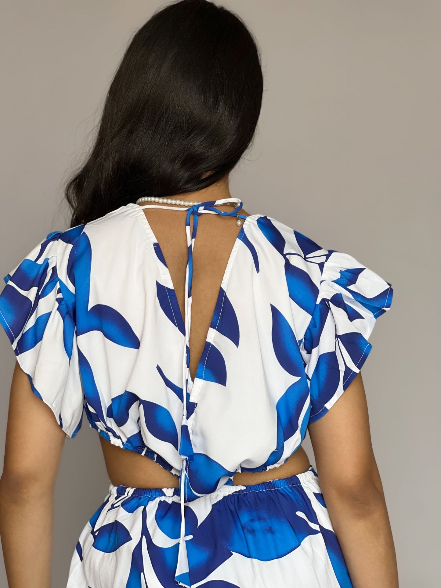 Blue Leaf Print Cutout Maxi Dress