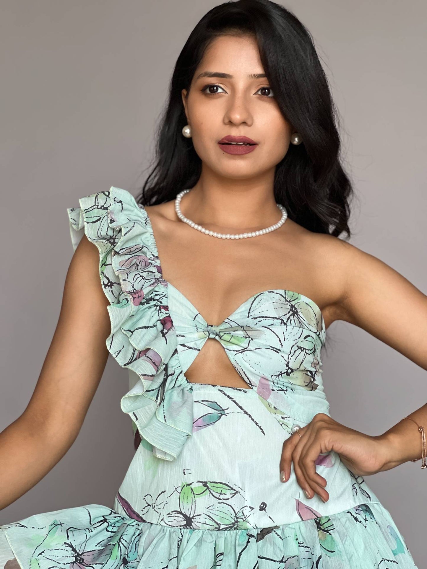 Mint Green One Shoulder Ruffle Dress