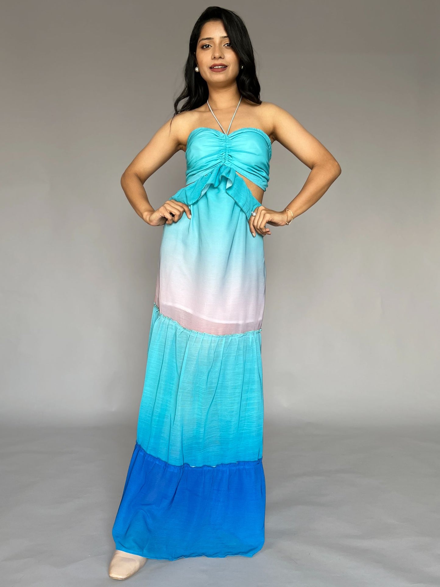 Blue Ombre Halter Neck Maxi Dress