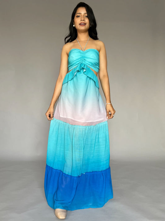 Blue Ombre Halter Neck Maxi Dress