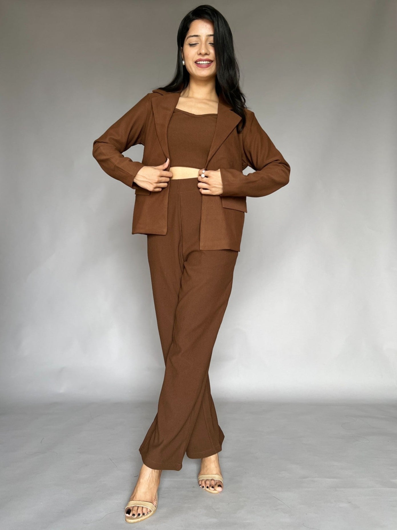 Brown Three-Piece Blazer Co-Ord Set