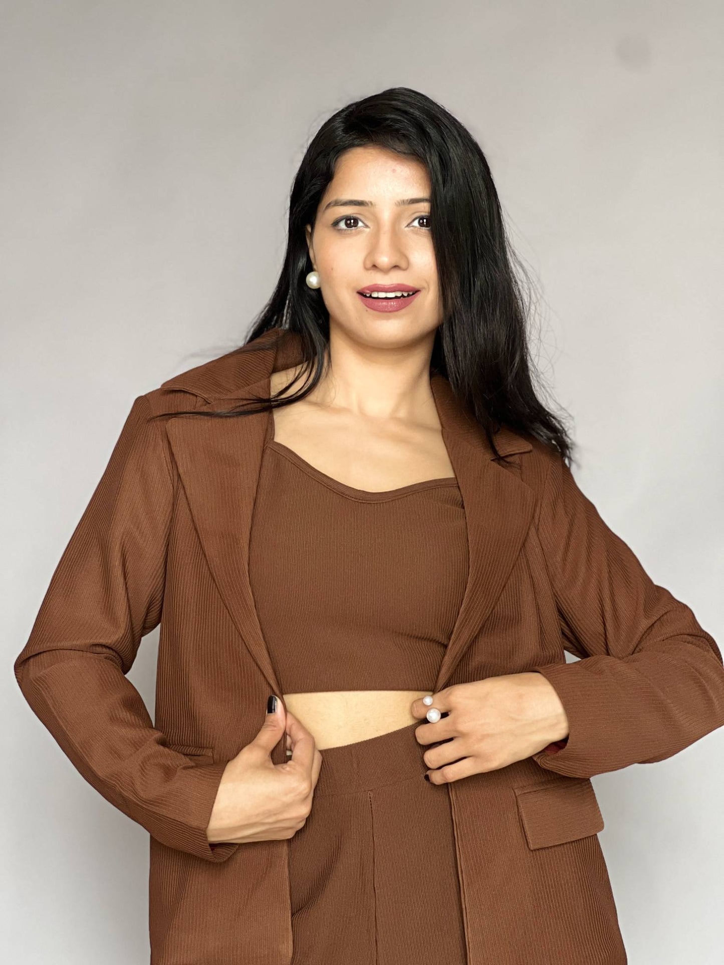 Brown Three-Piece Blazer Co-Ord Set